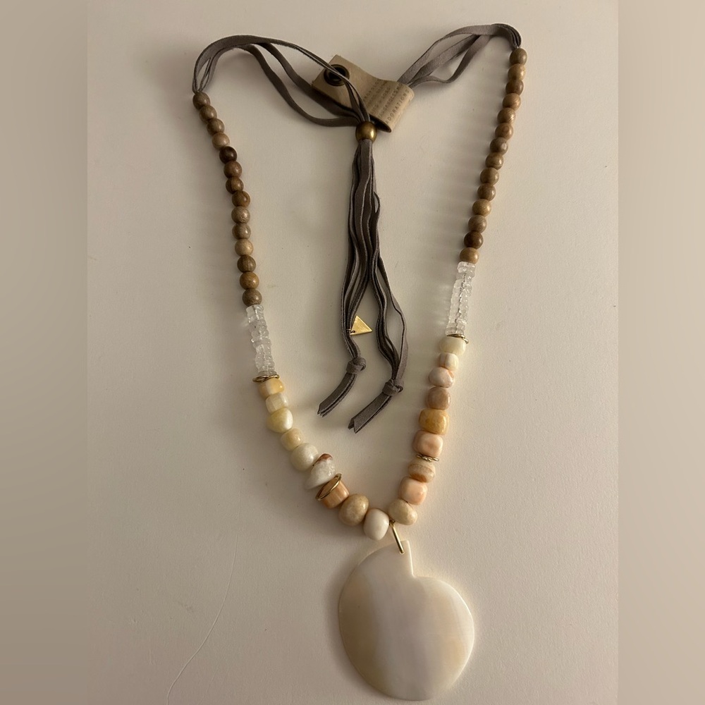 NWT Serafina/Anthropologie Necklace Jasper Quartz Wood Suede Mother of Pearl